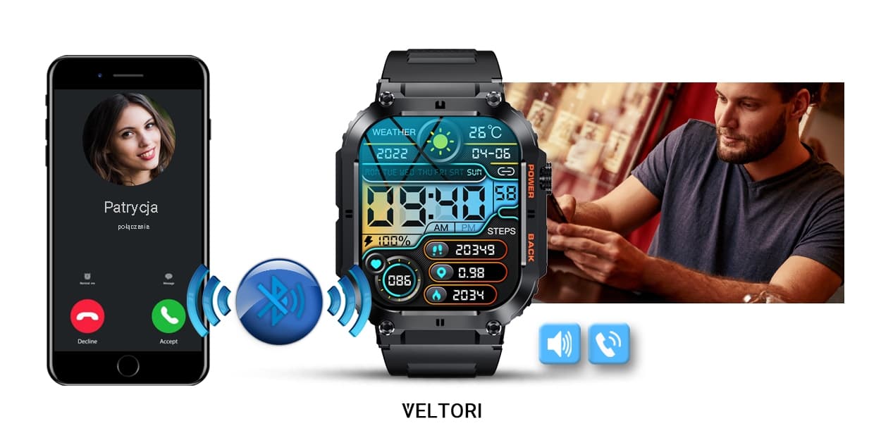 Smartwatch VELTORI VT200-1 Czarny Pasek Silikonowy