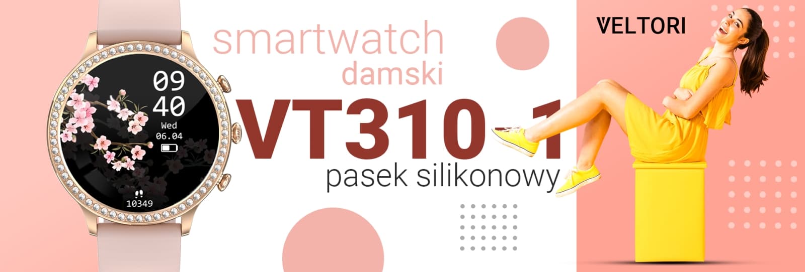 Smartwatch Damski VELTORI VT310-1 Złota Bransoleta + Różowy Pasek Silikonowy