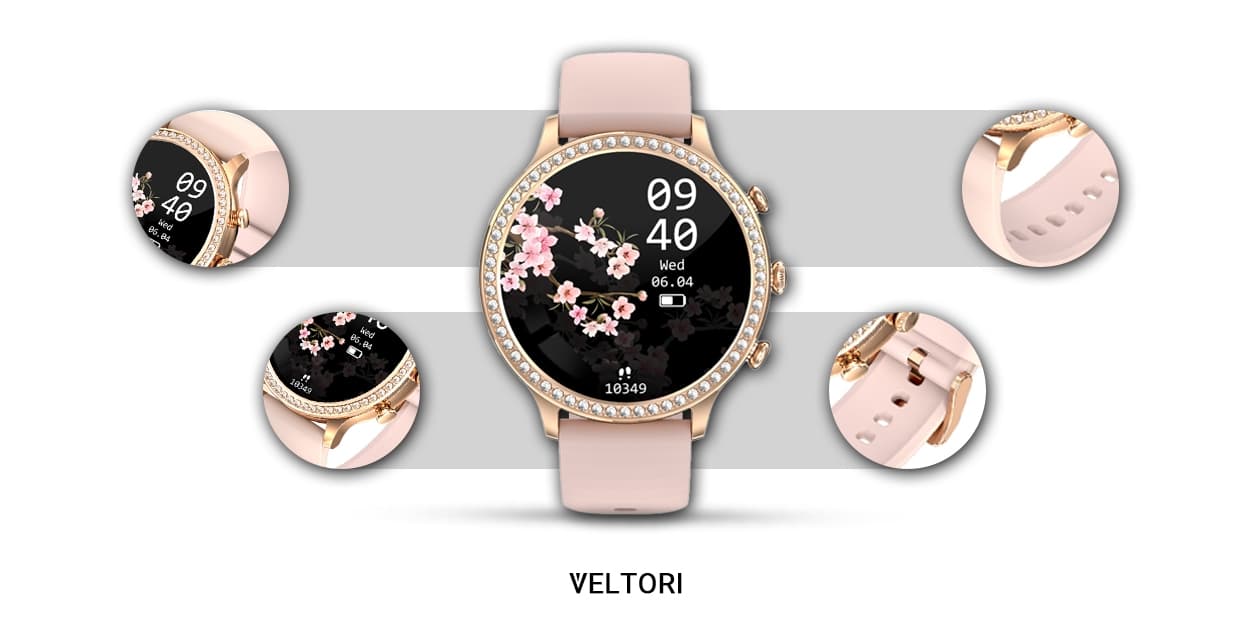 Smartwatch Damski VELTORI VT310-1 Złota Bransoleta + Różowy Pasek Silikonowy