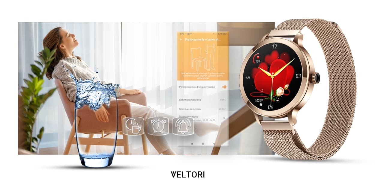 Smartwatch Damski VELTORI VT340-1 Złota Bransoleta + Różowy Pasek Silikonowy