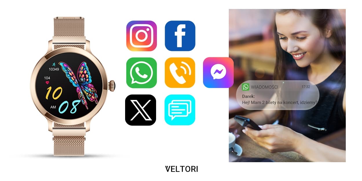 Smartwatch Damski VELTORI VT340-1 Złota Bransoleta + Różowy Pasek Silikonowy