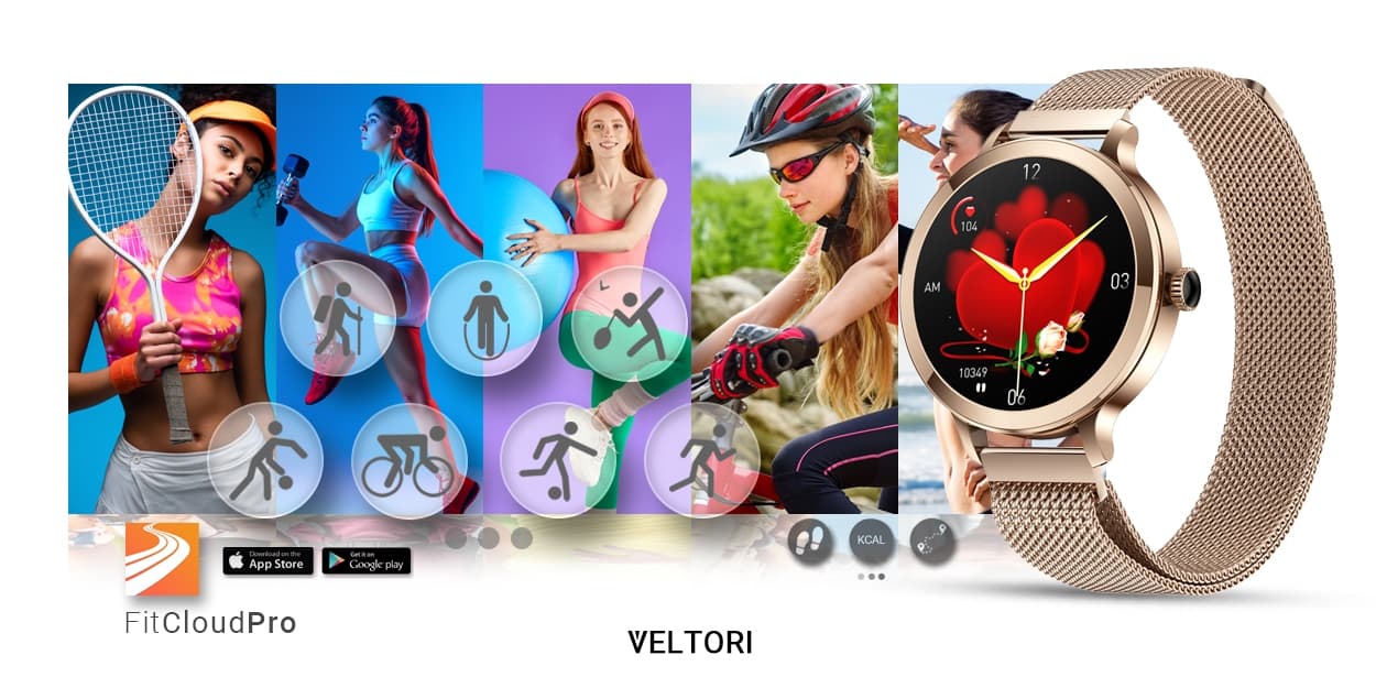 Smartwatch Damski VELTORI VT340-1 Złota Bransoleta + Różowy Pasek Silikonowy